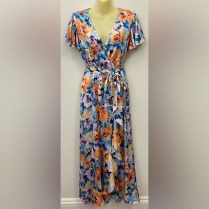 Nicole Miller Blue and Orange Floral Ruffle Front Tiered Maxi Dress size S